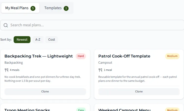 The meal plans page showing five plans and one template, including a lightweight backpacking trek menu and a weekend campout menu, each with a difficulty rating and a meal count.