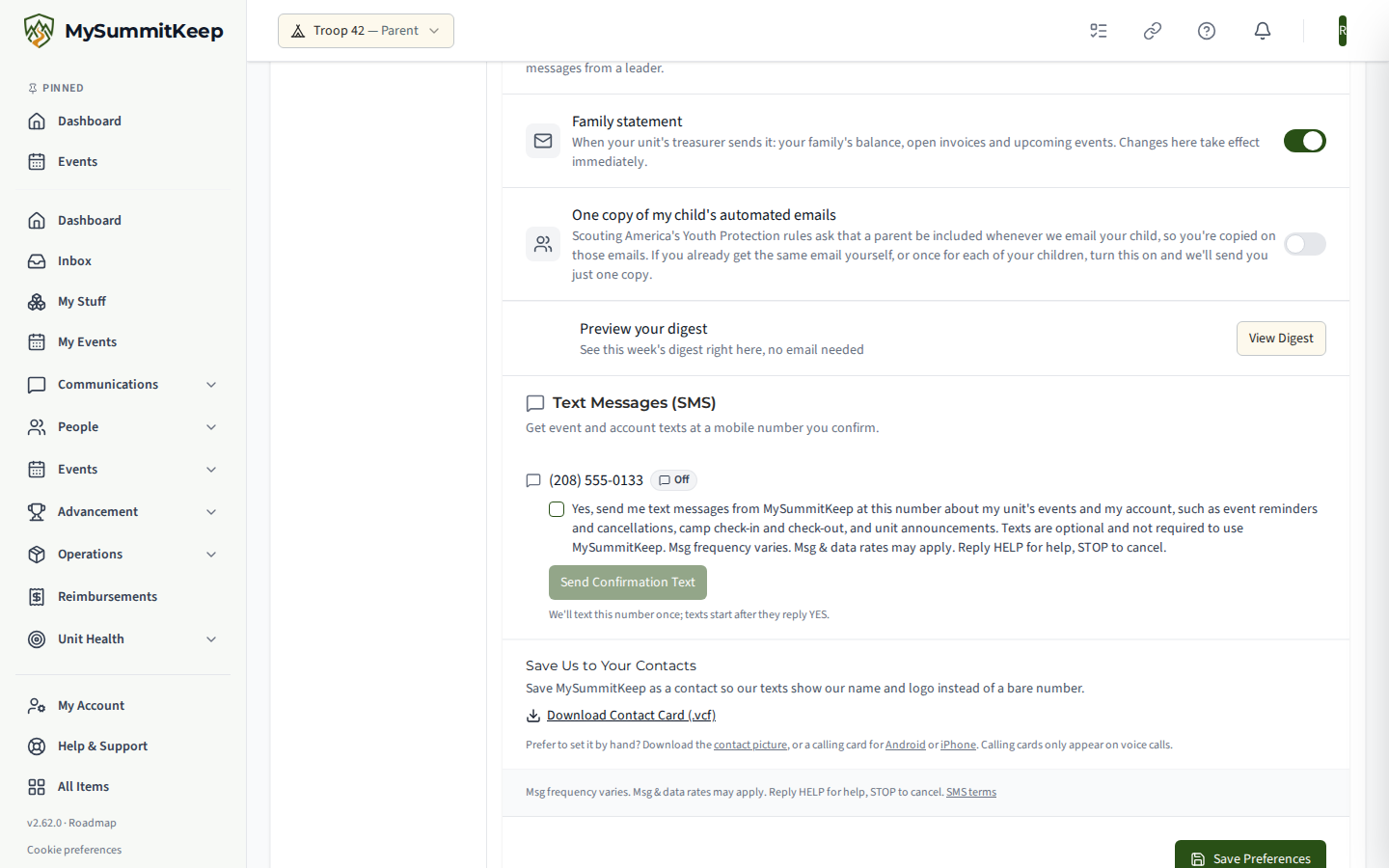 The Text messages (SMS) section in MySummitKeep Settings > Notifications: a mobile number that is Off, the unchecked consent box with the disclosure above, and the Send Confirmation Text button.